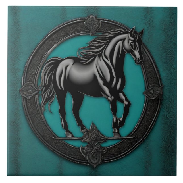 Western Country Equestrian Teal Black Horse  Tile (Front)