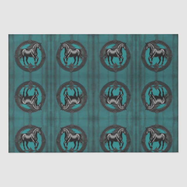 Western Country Equestrian Teal Black Horse  Tissue Paper (Front)