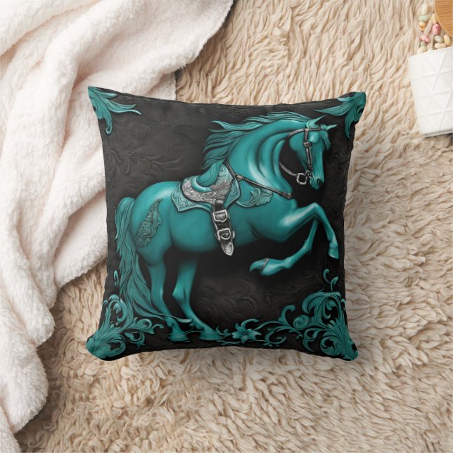 Western Country Equine Equestrian Turquoise Horse  Throw Pillow (Blanket)