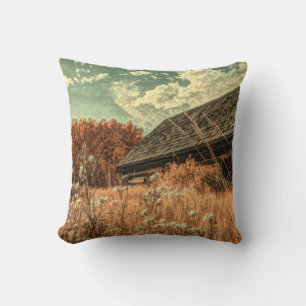 western country field wildflower farm Old Barn Throw Pillow