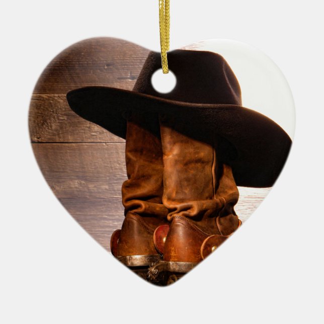 western country hat barn wood cowboy boots ceramic ornament (Front)