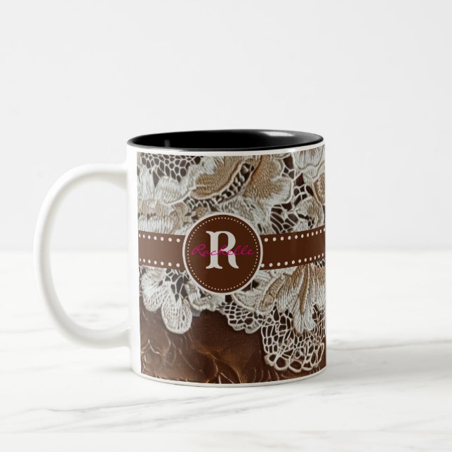 Western Country Leather n Lace Initial Name Two-Tone Coffee Mug (Left)