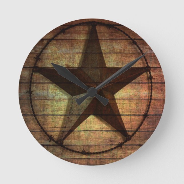 Western Country Primitive Barn Wood Texas Star Round Clock (Front)