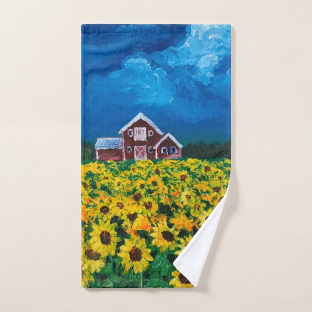 western country red barn summer sunflower field (Serviette à main)