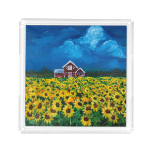 western country red barn summer sunflower field acrylic tray
