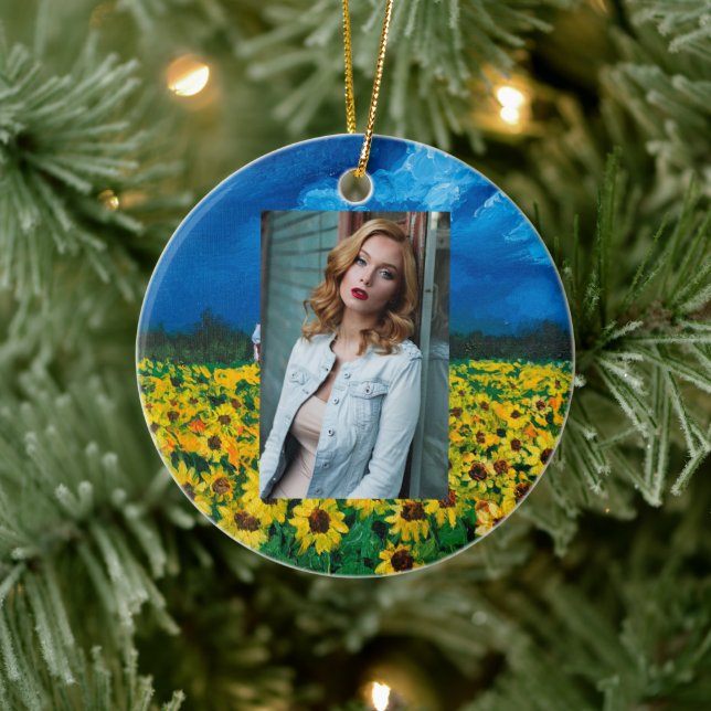western country red barn summer sunflower field ceramic ornament (Tree)
