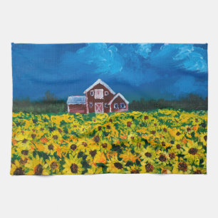 western country red barn summer sunflower field kitchen towel