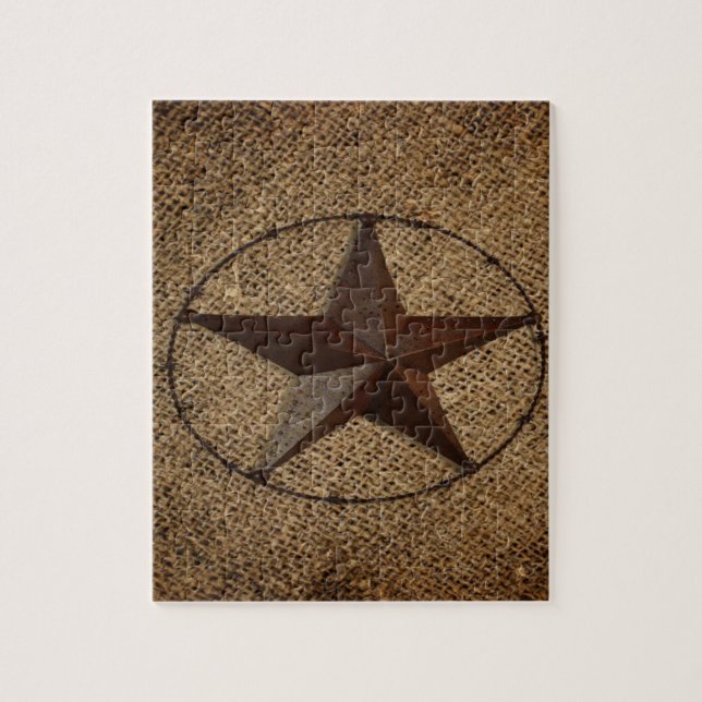 Western Country Rustic Burlap Primitive Texas Star Jigsaw Puzzle (Vertical)