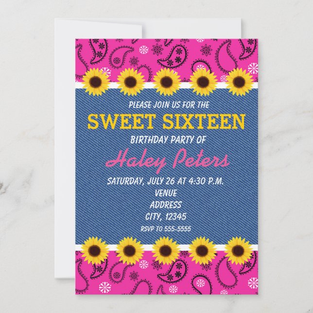 Western Country Sunflowers and Denim Pink Bandanna Invitation (Front)