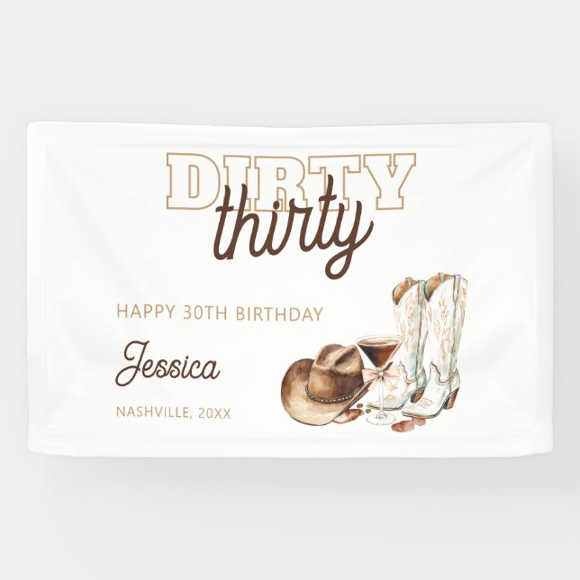 Western Country White Dirty Thirty 30th Birthday Banner (Horizontal)
