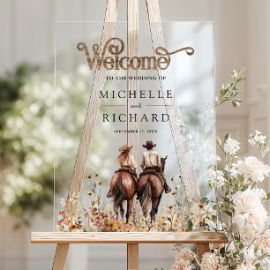 Western Couple Riding Horse Wedding Welcome Acrylic Sign