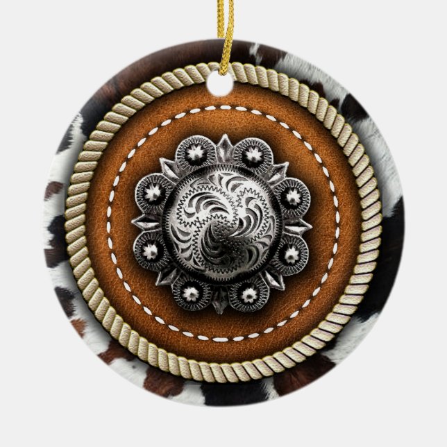 Western Cow Print Rope and Rustic Leather Concho Ceramic Ornament (Front)