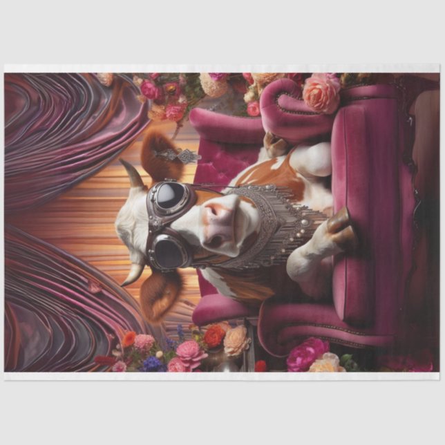 Western Cow Sitting Pink Chair Decoupage Tissue Paper (Front)