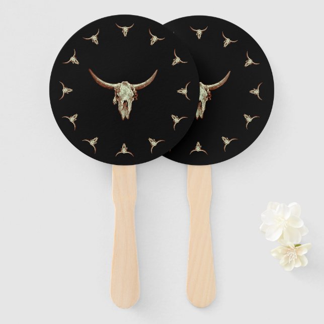 Western Cow Skull Black Brown Country Rustic Style Hand Fan (Front and Back)