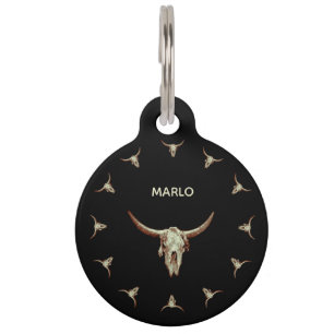 Western Cow Skull Black Brown Country Rustic Style Pet Tag