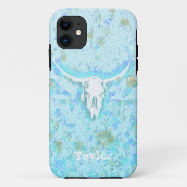 Western Cow Skull Teal Blue Floral Girly Cowgirl Case-Mate iPhone Case (Back)