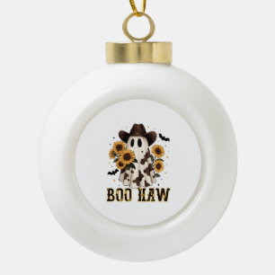Western Cow Spot Spooky Ghost Boo Haw Ceramic Ball Christmas Ornament