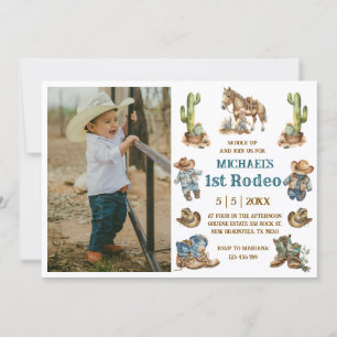 western cowboy 1st rodeo boy first birthday photo invitation