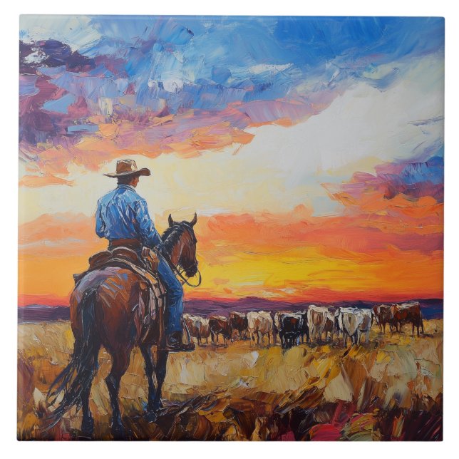 Western Cowboy and Herd Tile Trivet (Front)