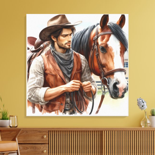Western Cowboy and Horse Stretched Canvas Print (Insitu(LivingRoom))