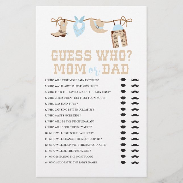 Western Cowboy Baby Shower Guess Who Game Flyer (Front)