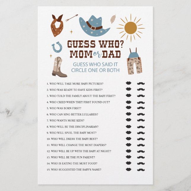 Western Cowboy Baby Shower Guess Who Game Flyer (Front)