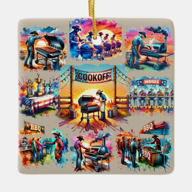 Western Cowboy BBQ Cookoff Scenes 1 Ceramic Ornament (Front)