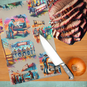 Western Cowboy BBQ Cookoff Scenes 1 Kitchen Towel