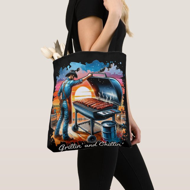 Western Cowboy BBQ Grillin' and Chillin' Tote Bag (Close Up)