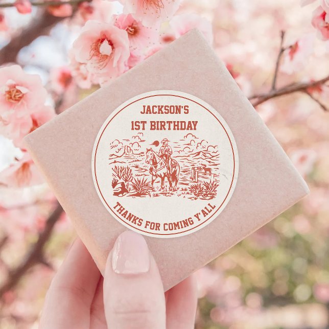Western Cowboy Birthday Party Classic Round Sticker (Creator Uploaded)
