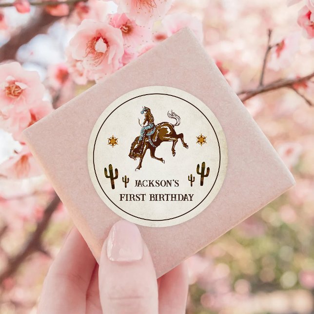 Western Cowboy Birthday Party Classic Round Sticker (Creator Uploaded)