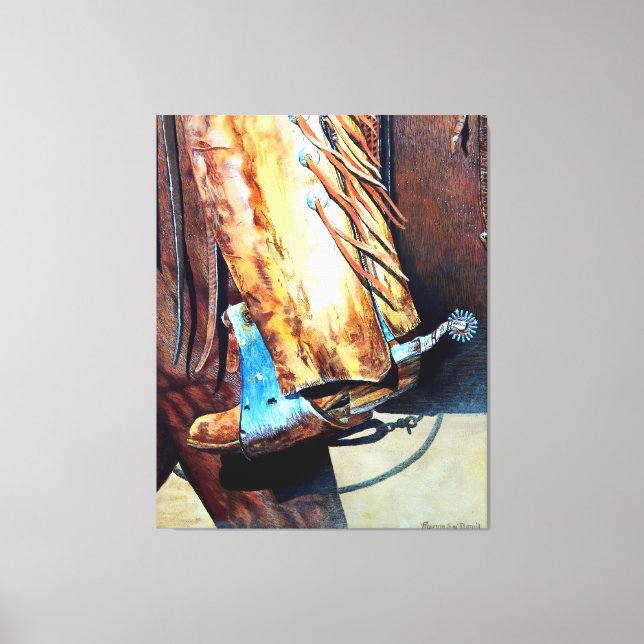 Western cowboy boot and rodeo horse, cartooned canvas print (Front)