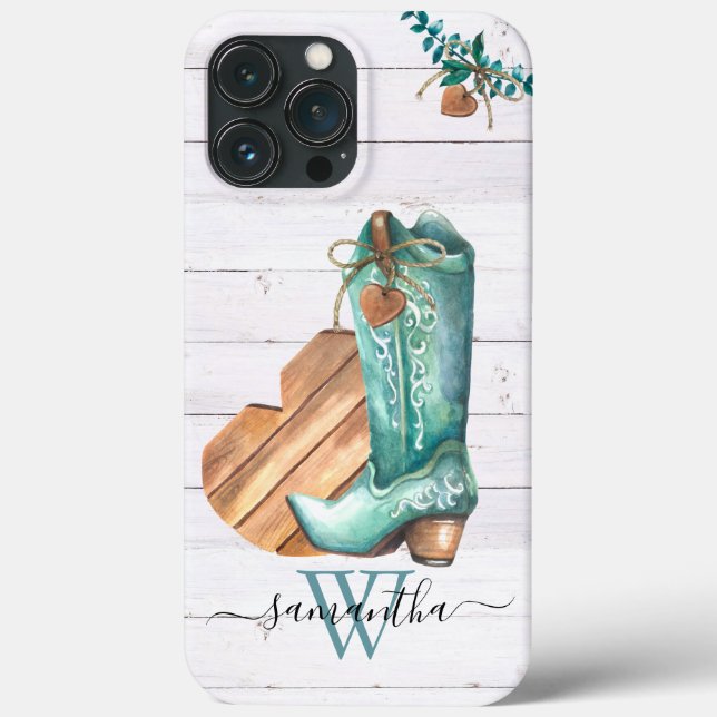 Western Cowboy Boot Monogram Boho Wood Case-Mate iPhone Case (Back)