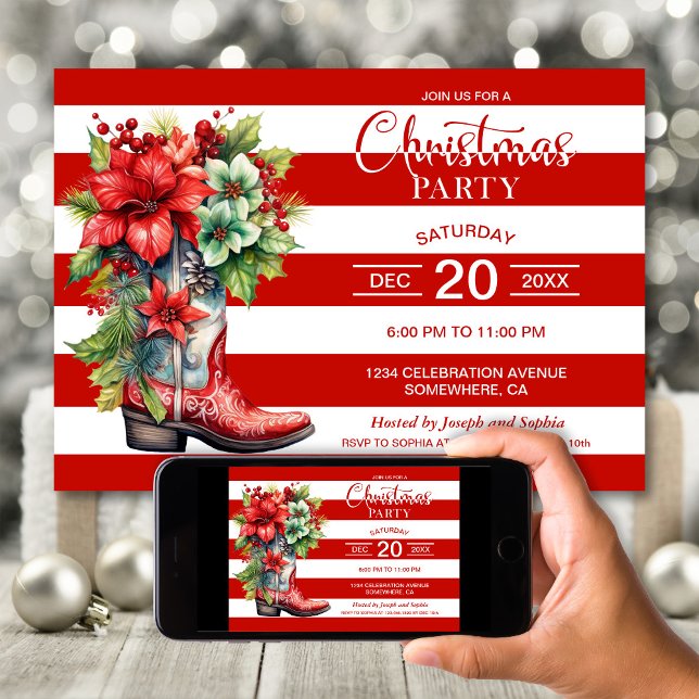 Western Cowboy Boot Red Striped Christmas Party Invitation (Creator Uploaded)
