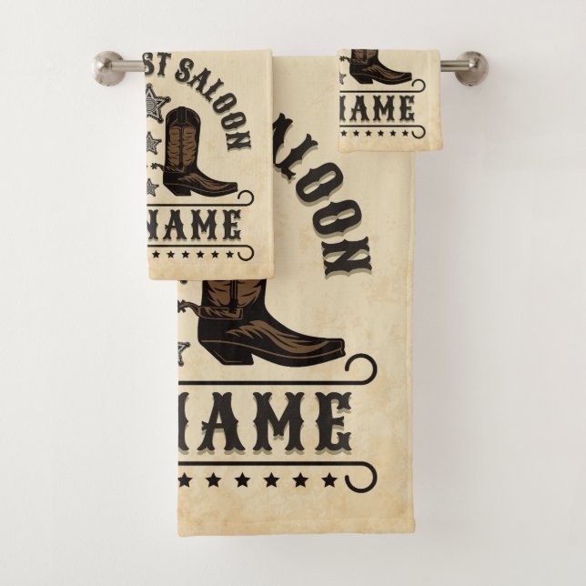 Western Cowboy Boots ADD NAME Sheriff Spurs Saloon Bath Towel Set (Insitu)