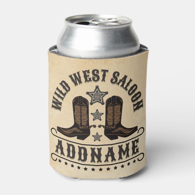 Western Cowboy Boots ADD NAME Sheriff Spurs Saloon Can Cooler (Can Front)