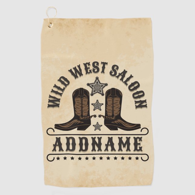 Western Cowboy Boots ADD NAME Sheriff Spurs Saloon Golf Towel (Front)