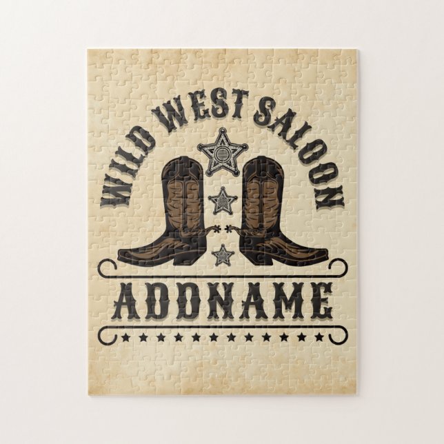 Western Cowboy Boots ADD NAME Sheriff Spurs Saloon Jigsaw Puzzle (Vertical)