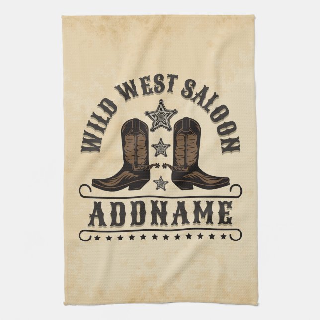 Western Cowboy Boots ADD NAME Sheriff Spurs Saloon Kitchen Towel (Vertical)