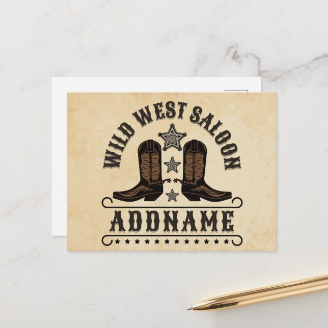Western Cowboy Boots ADD NAME Sheriff Spurs Saloon Postcard (Front/Back In Situ)