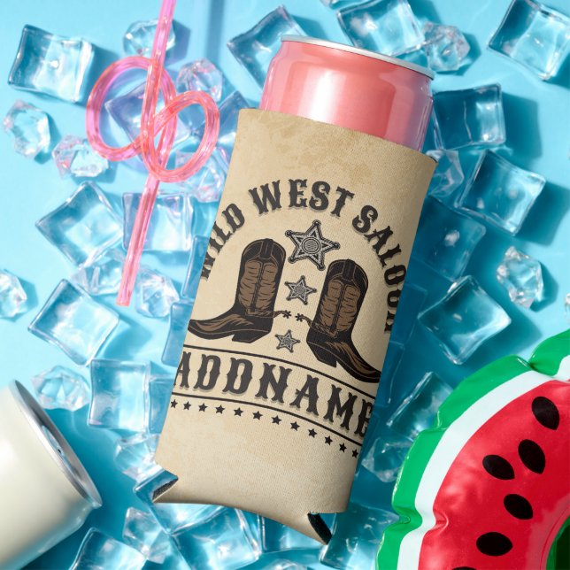 Western Cowboy Boots ADD NAME Sheriff Spurs Saloon Seltzer Can Cooler (In Situ Summer)