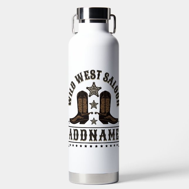 Western Cowboy Boots ADD NAME Sheriff Spurs Saloon Water Bottle (Front)