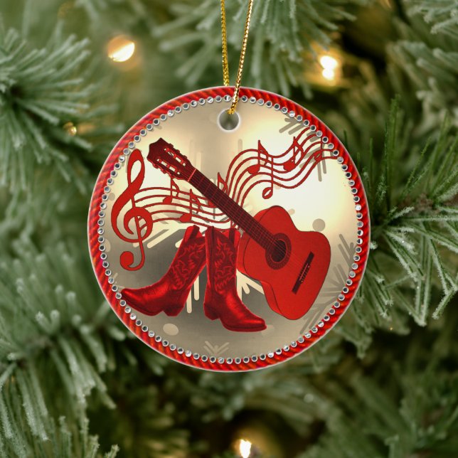 Western Cowboy Boots And Guitar Christmas Ceramic Ornament (Tree)