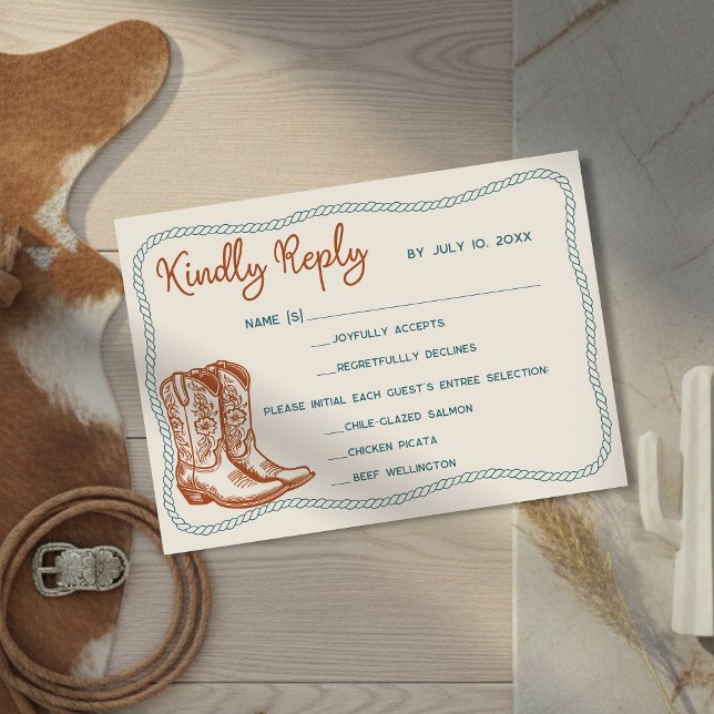 Western Cowboy Boots Barn Wedding Meal Choice RSVP Card (Creator Uploaded)