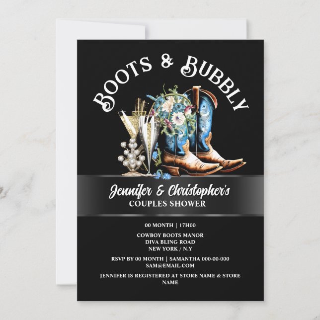 Western cowboy boots black blue bubbly chic  invitation (Front)