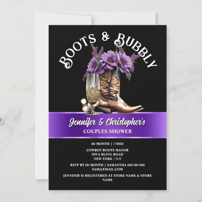 Western cowboy boots black purple bubbly chic  invitation (Front)