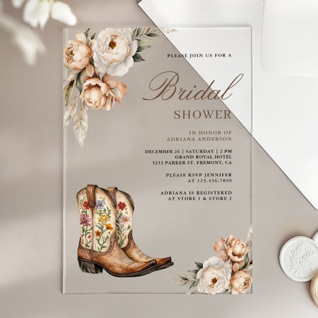 Western Cowboy Boots Bridal Shower Acrylic Invitations (Creator Uploaded)