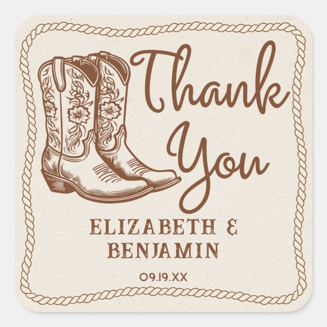Western Cowboy Boots Casual Wedding Thank you Square Sticker