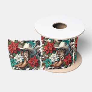 Western Cowboy Boots Floral Cow Hide Christmas Satin Ribbon