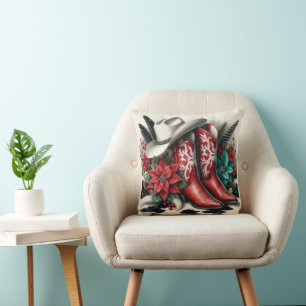 Western Cowboy Boots Floral Cow Hide Christmas Throw Pillow